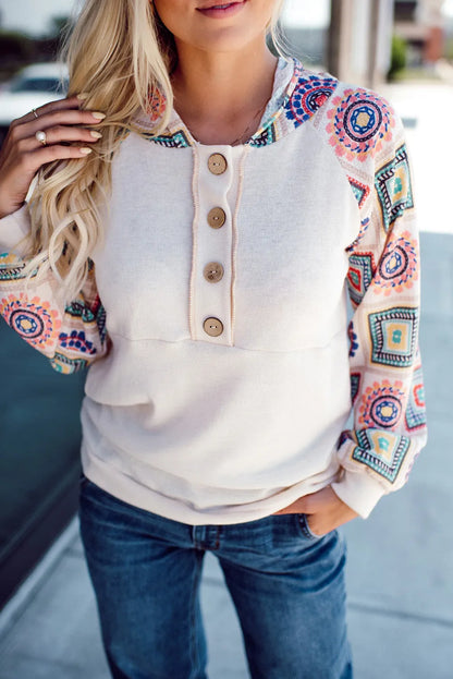 White Geometric Patchwork Raglan Sleeve Henley Hoodie - Chic Meadow Boutique 