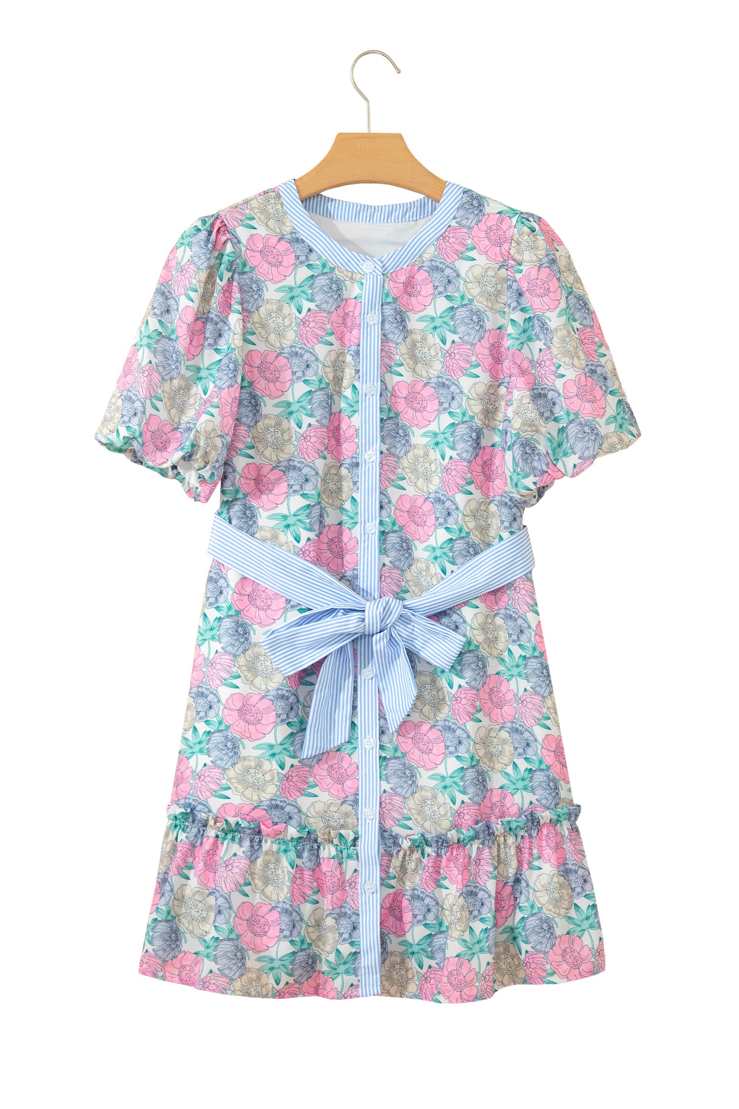 White Floral Print Striped Contrast Trim Belted Short Dress