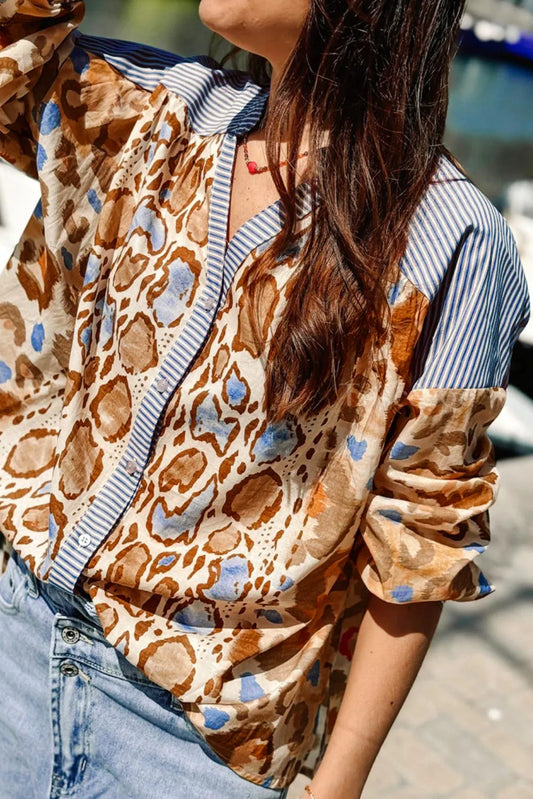 Light French Beige Colorful Leopard Striped Print Patchwork V Neck Shirt - Chic Meadow Boutique 