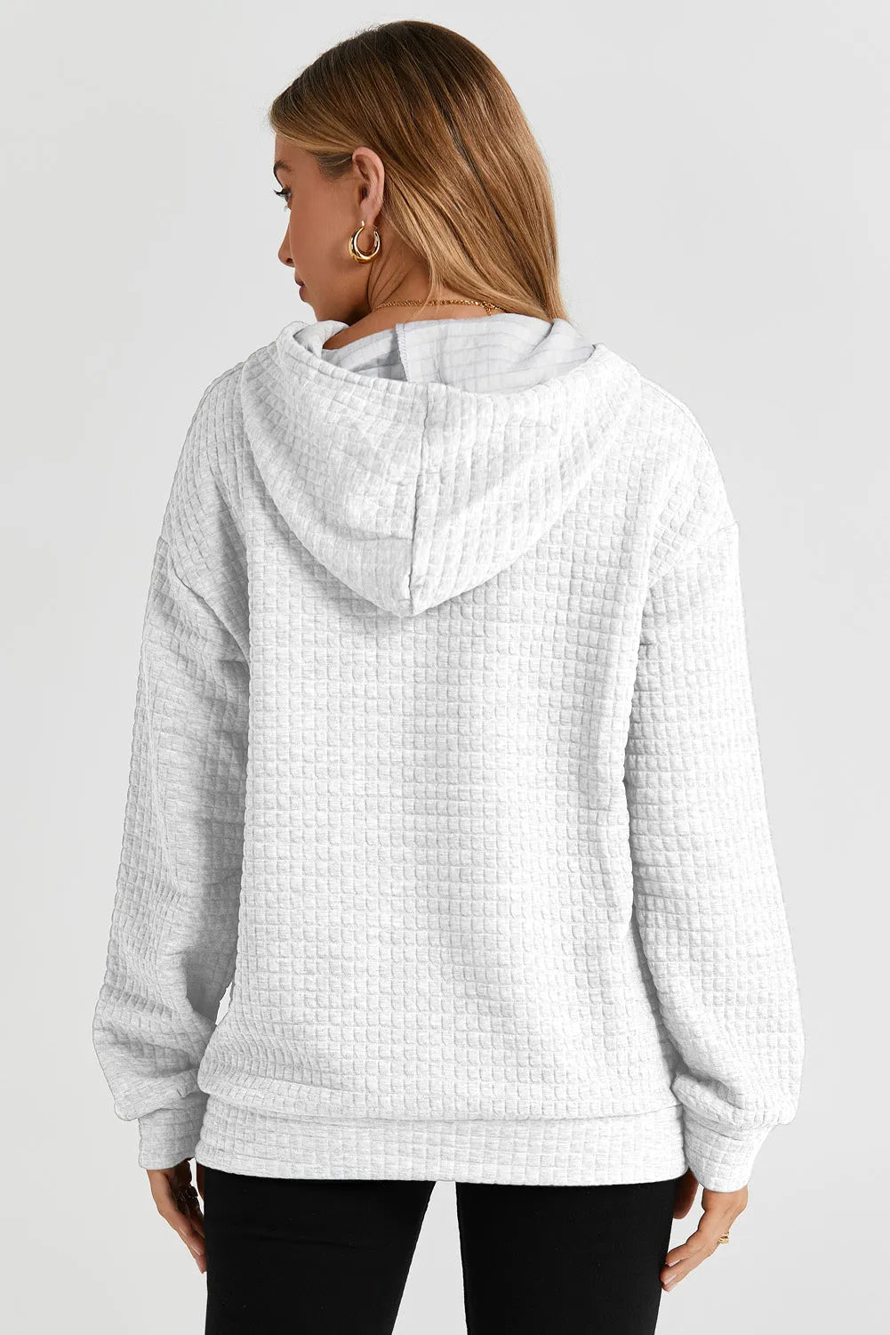 White Quilted Kangaroo Pocket Drawstring Hoodie - Chic Meadow Boutique 