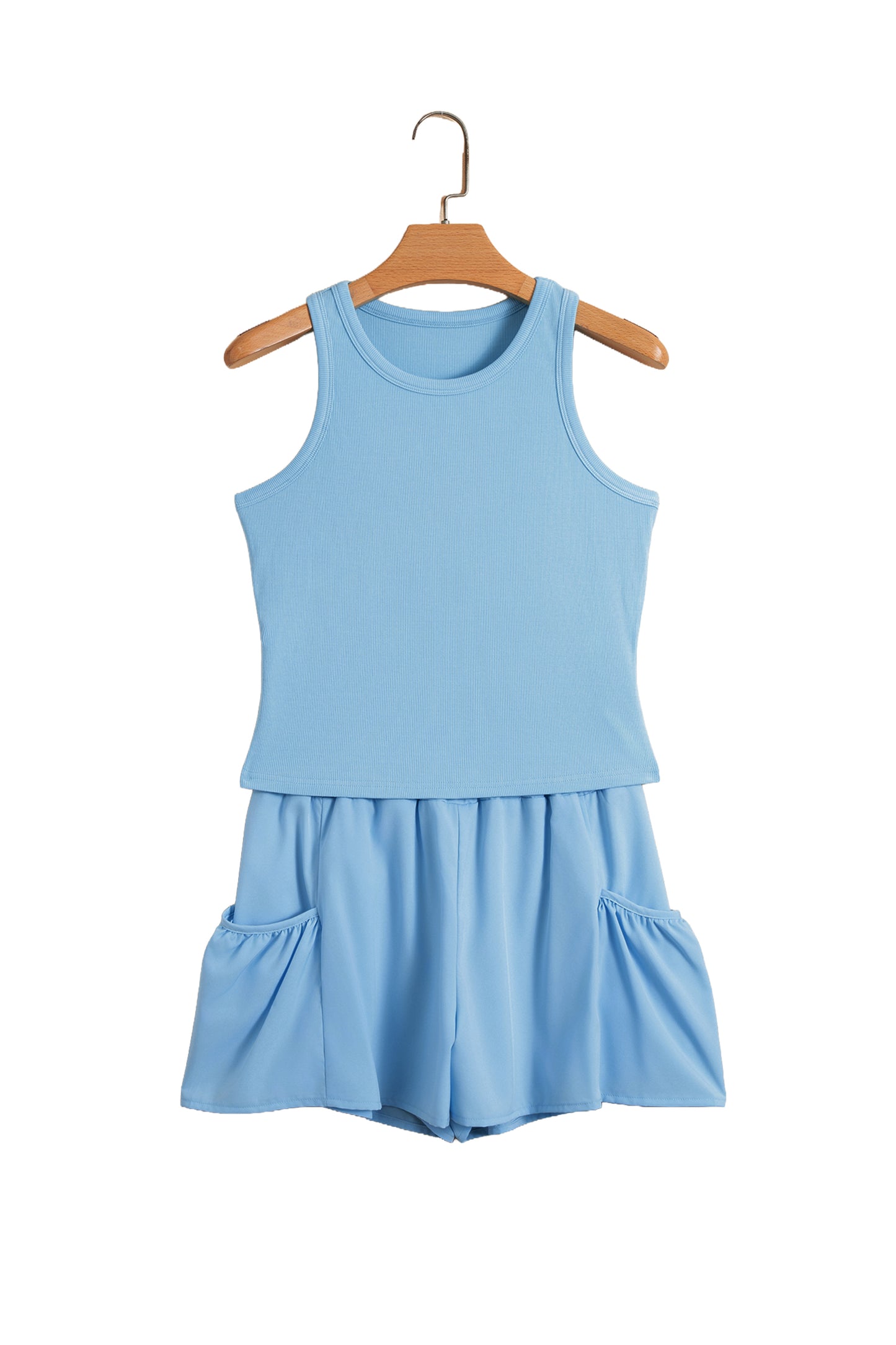 Mist Blue Ribbed Slim Tank Pocketed Wide Leg Shorts Set