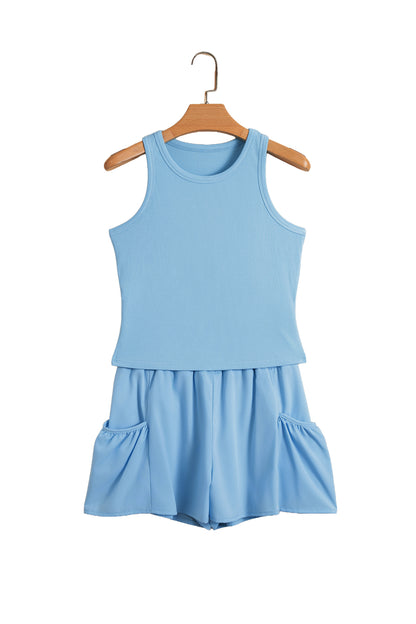 Mist Blue Ribbed Slim Tank Pocketed Wide Leg Shorts Set