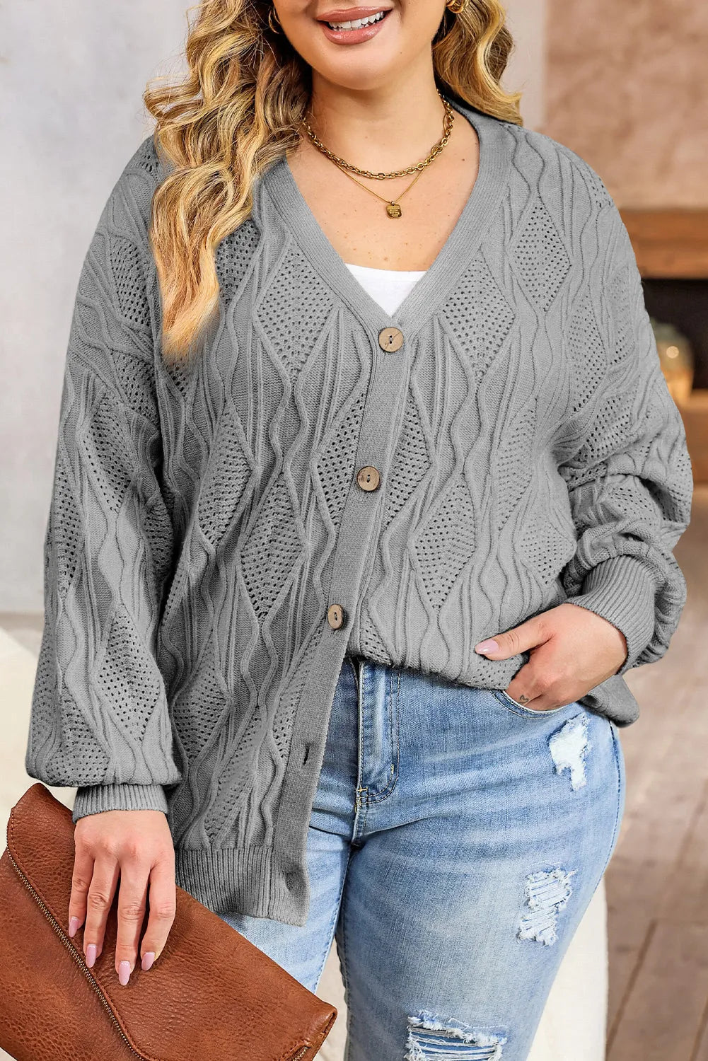 Gray Plus Size Knitted Hollow out Button up Cardigan - Chic Meadow Boutique 