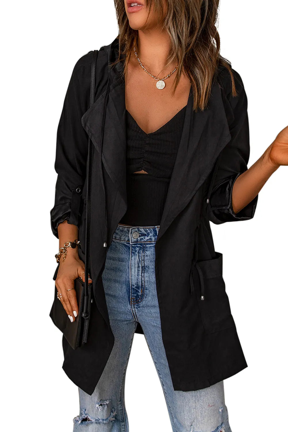 Black Drawstring Turndown Collar Hooded Outerwear - Chic Meadow Boutique 