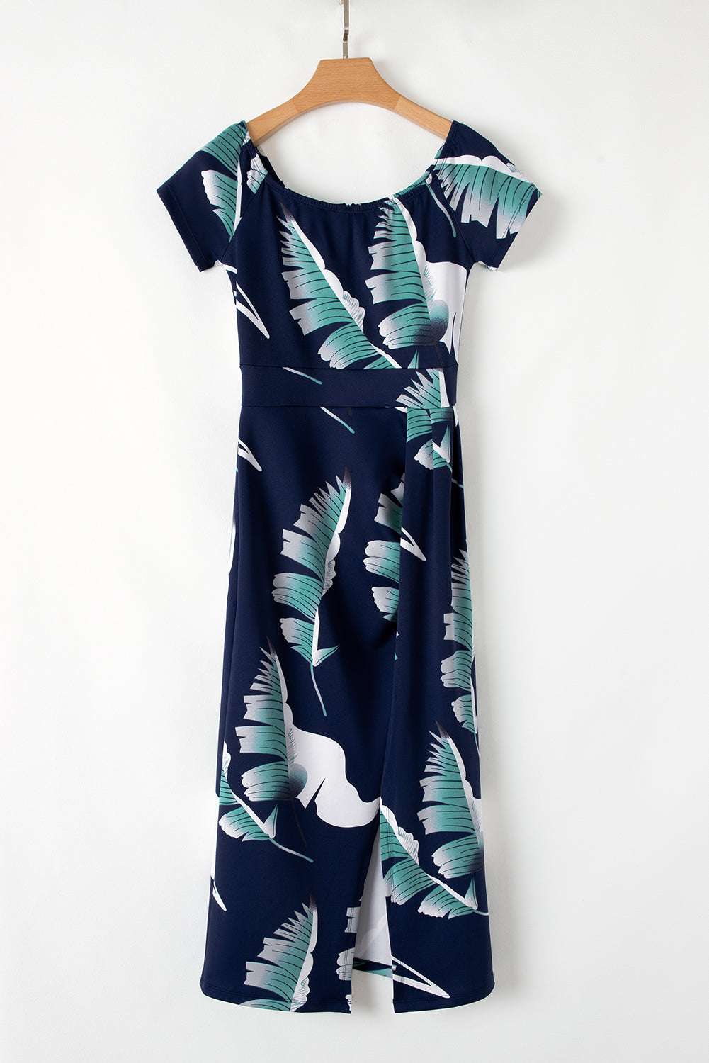 Blue Pattern Print Off Shoulder Slit Bodycon Midi Dress