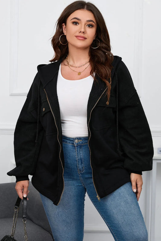 Black Plus Size Bishop Sleeve Zip Up Hooded Jacket - Chic Meadow Boutique 