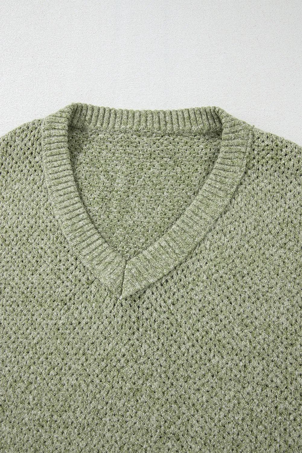 Sweaters & Cardigans/Sweaters Jungle Green Loose Eyelet V Neck Drop Shoulder Sweater