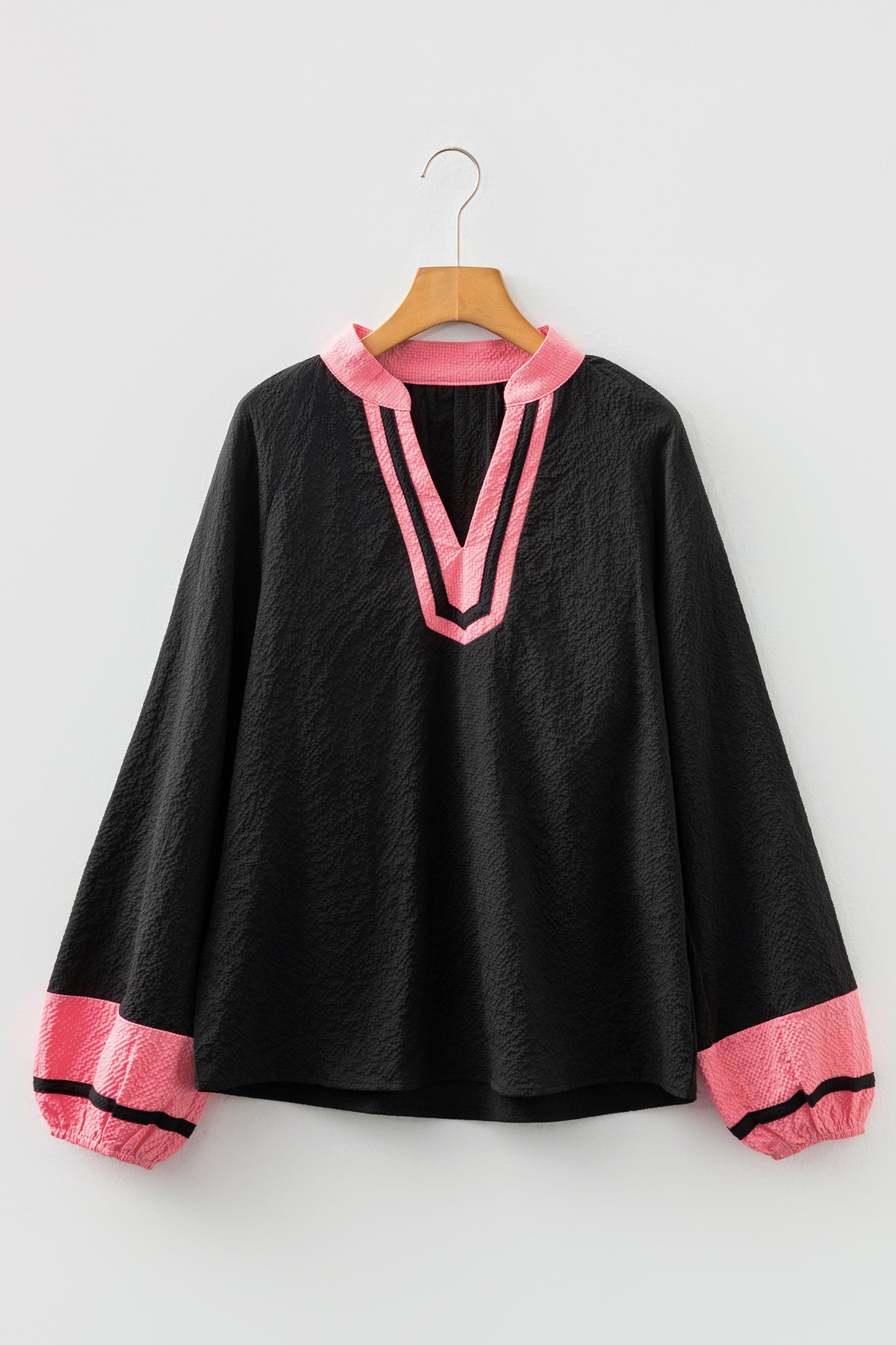 Black Color Block Patchwork Detail V Neck Textured Long Sleeve Blouse