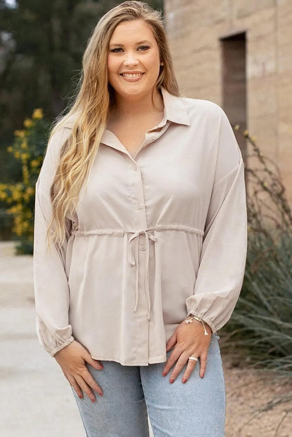 Plus Size/Plus Size Tops/Plus Size Blouses & Shirts Light French Beige Plus Size Puff Sleeve Tied Tunic Shirt