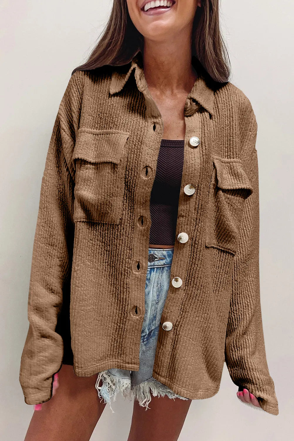 Dark Khaki Solid Color Corduroy Buttoned Long Sleeve Shacket - Chic Meadow Boutique 