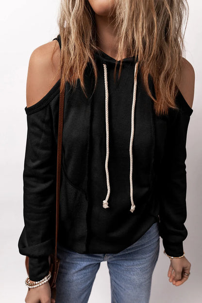 Black Exposed Seam Cold Shoulder Drawstring Hoodie - Chic Meadow Boutique 