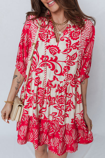 Red Collared V Neck Half Sleeve Loose Flower Mini Dress