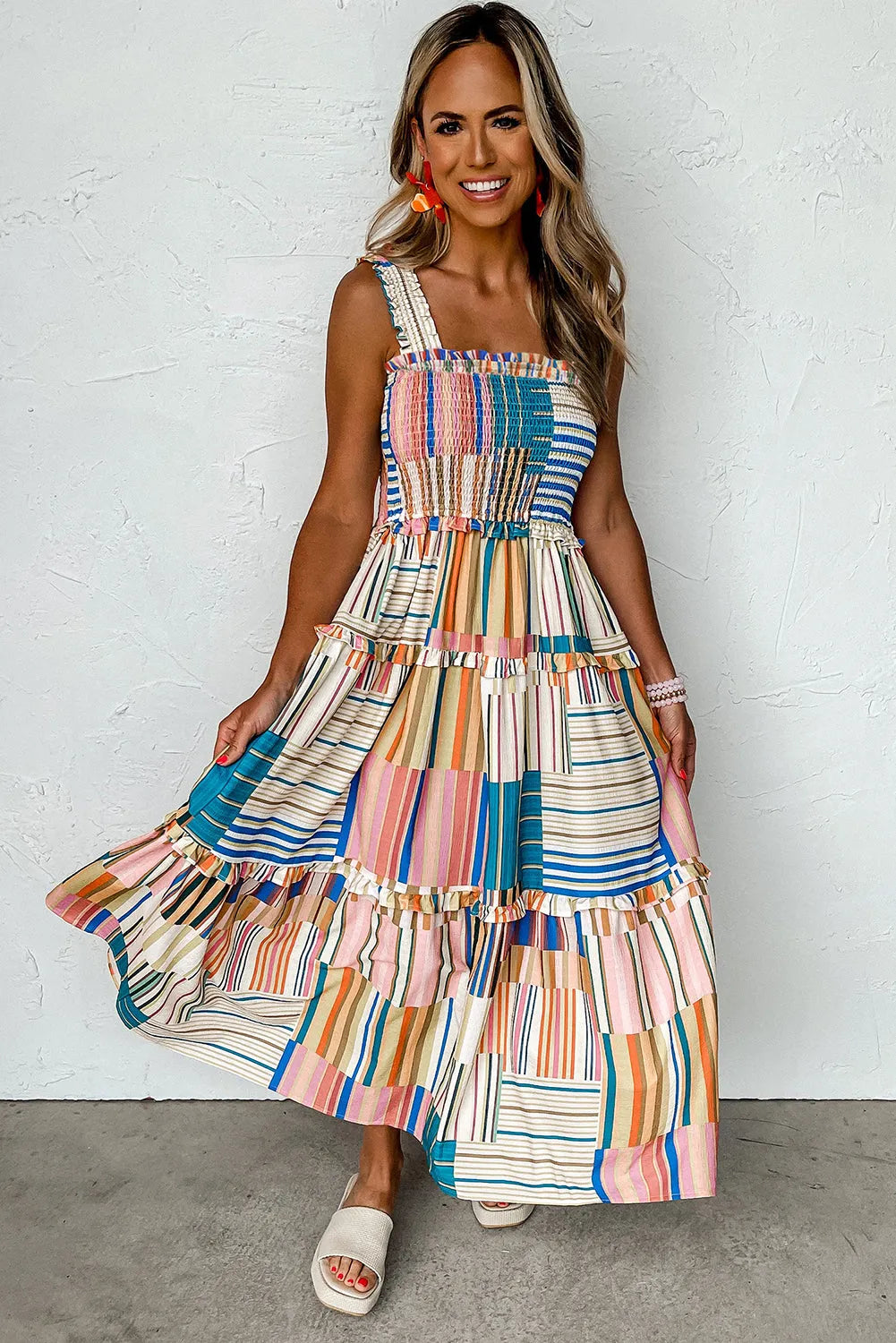 Khaki Mix Striped Wide Straps Smocked Tiered Maxi Dress - Chic Meadow Boutique 