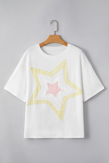 White Star Layered Patched Graphic Drop Shoulder Half Sleeve Loose Tee