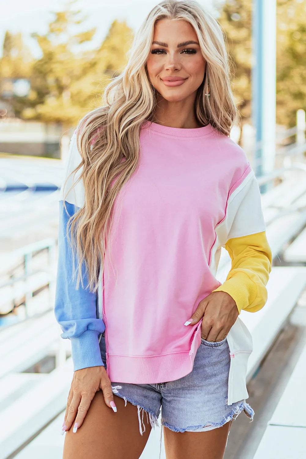 Bonbon Color Block Exposed Seam Side Slits Crewneck Sweatshirt - Chic Meadow Boutique 