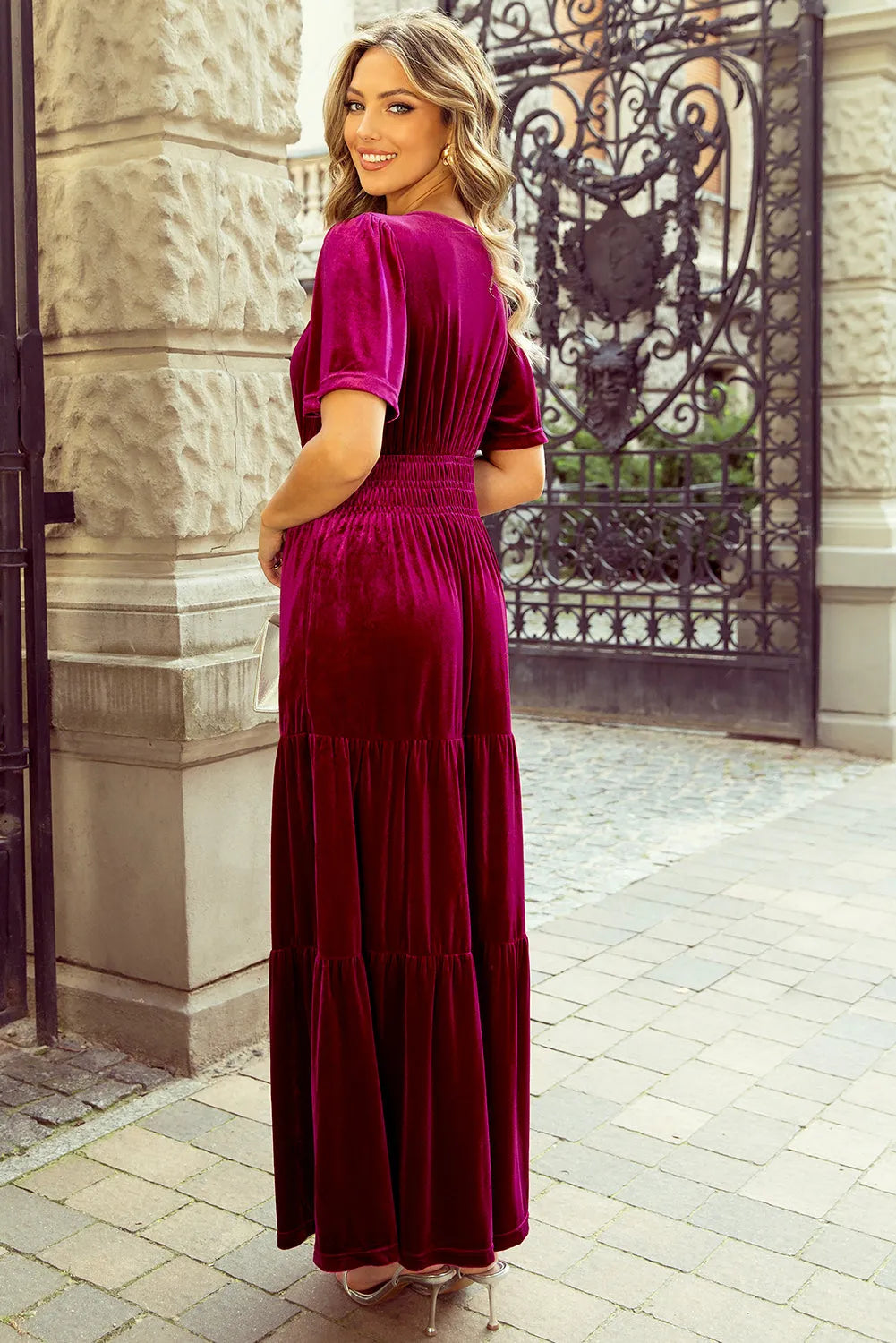 Red Dahlia Velvet Short Sleeve Shirred Waist Tiered Maxi Dress - Chic Meadow Boutique 