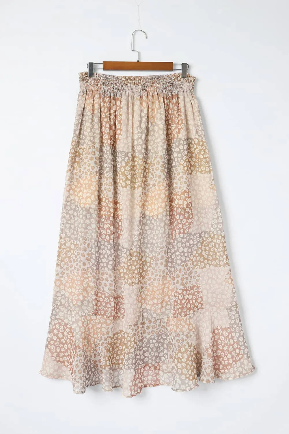 Apricot Boho Flower Print Smocked Waist Button Slit Maxi Skirt - Chic Meadow Boutique 