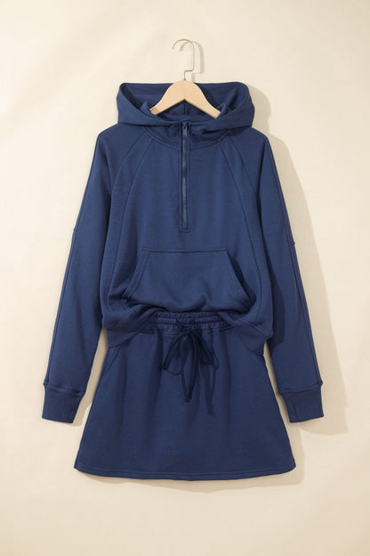 Navy Blue Long Sleeve Zip-Up Top Elastic Waist Skort Set