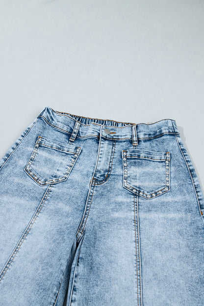 Beau Blue Frayed Studded Detail Wide Leg Pocketed Jeans