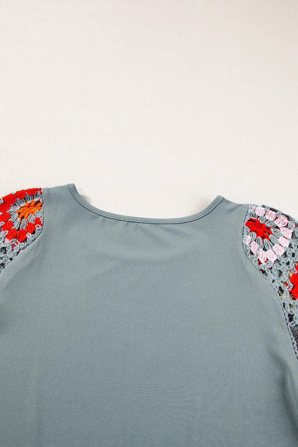 Tops/Tops & Tees Medium Grey Floral Crochet Short Sleeve Top