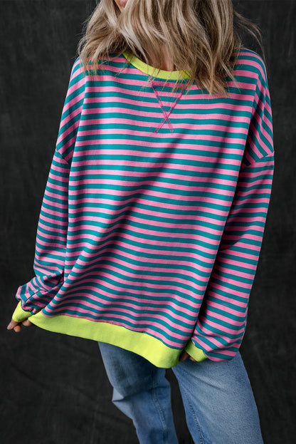 Green Stripe Oversized Contrast Trim Pullover Sweatshirt - Chic Meadow Boutique 