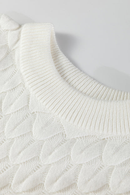 White Fish Scale Textured Knit Ribbed High Neck Short Sleeve Sweater