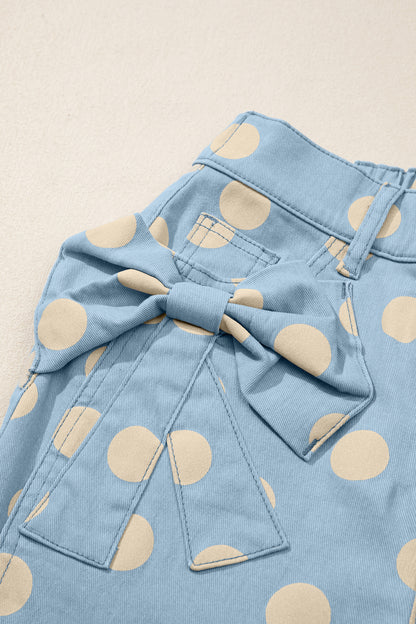 Sky Blue Polka Dot Print Bow Detail Pocketed Jeans