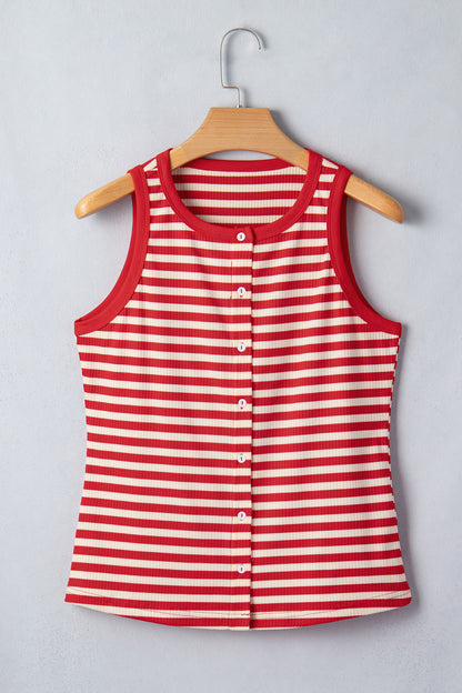 Red Stripe Buttoned Ribbed Knit Tank Top