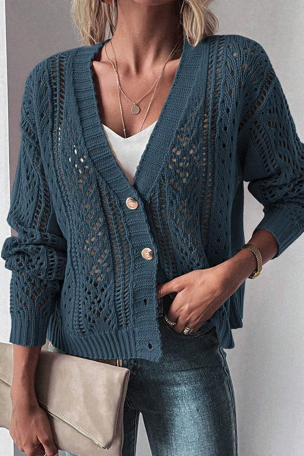 Real Teal Open Knit Drop Shoulder Sweater Cardigan - Chic Meadow Boutique 