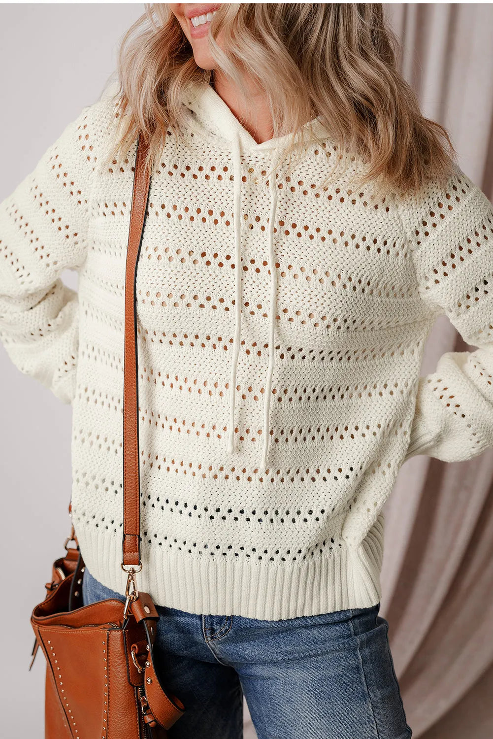 Tops/Sweaters & Cardigans White Pointelle Knit Raglan Sleeve Hooded Sweater