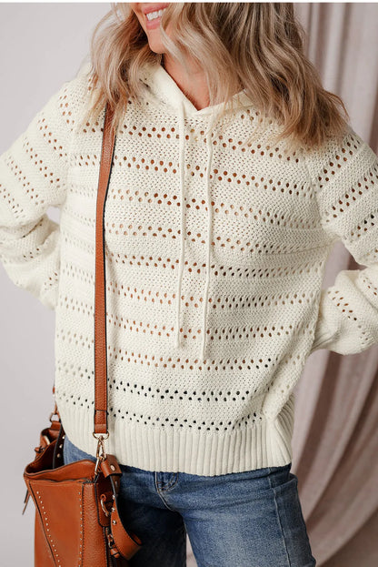 White Pointelle Knit Raglan Sleeve Hooded Sweater - Chic Meadow Boutique 