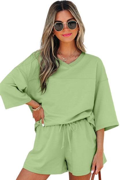 Meadow Mist Green Solid Loose V Neck Half Sleeve Tee and Shorts