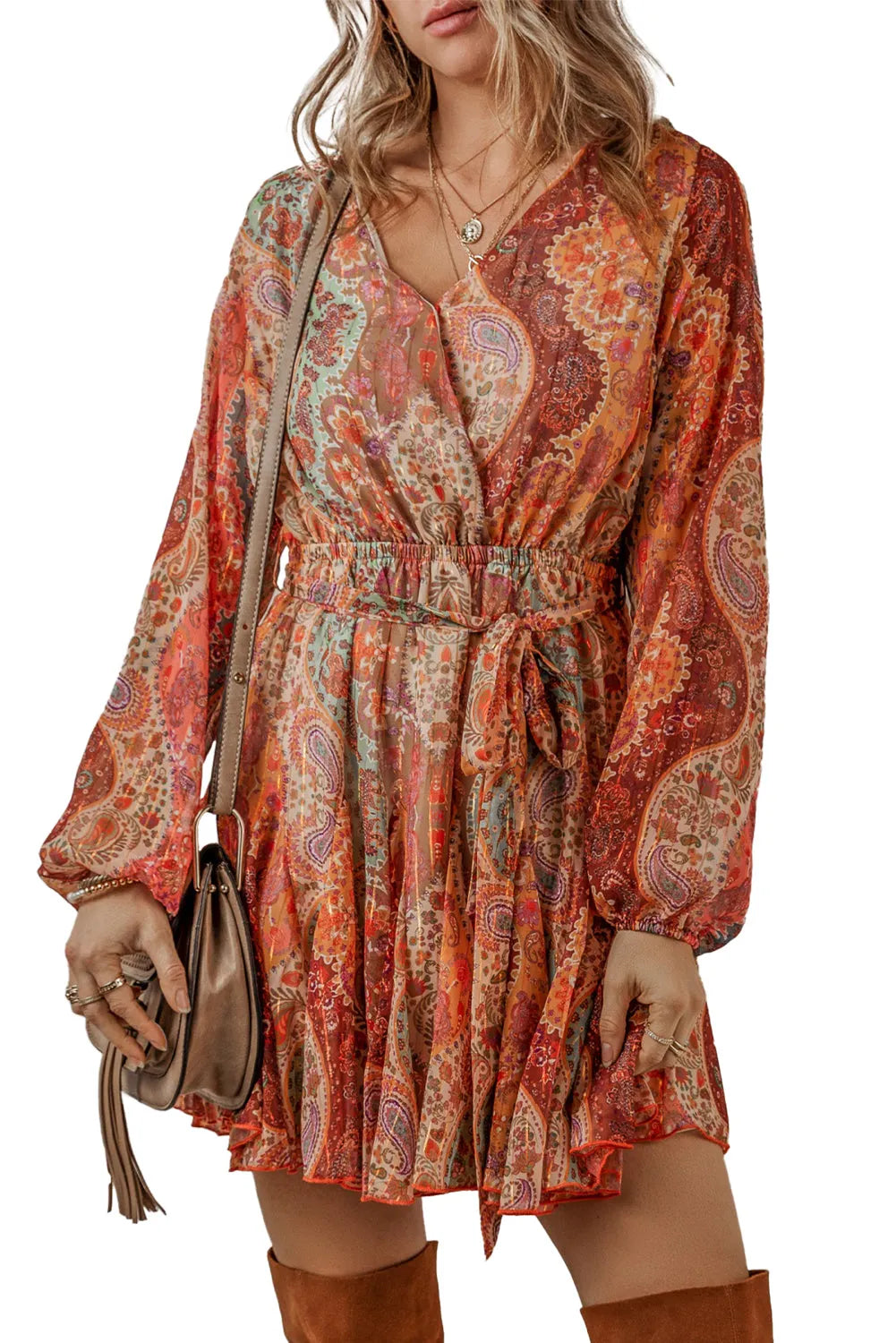 Orange Boho Paisley Print Long Sleeve Pleated Belted Mini Dress - Chic Meadow Boutique 