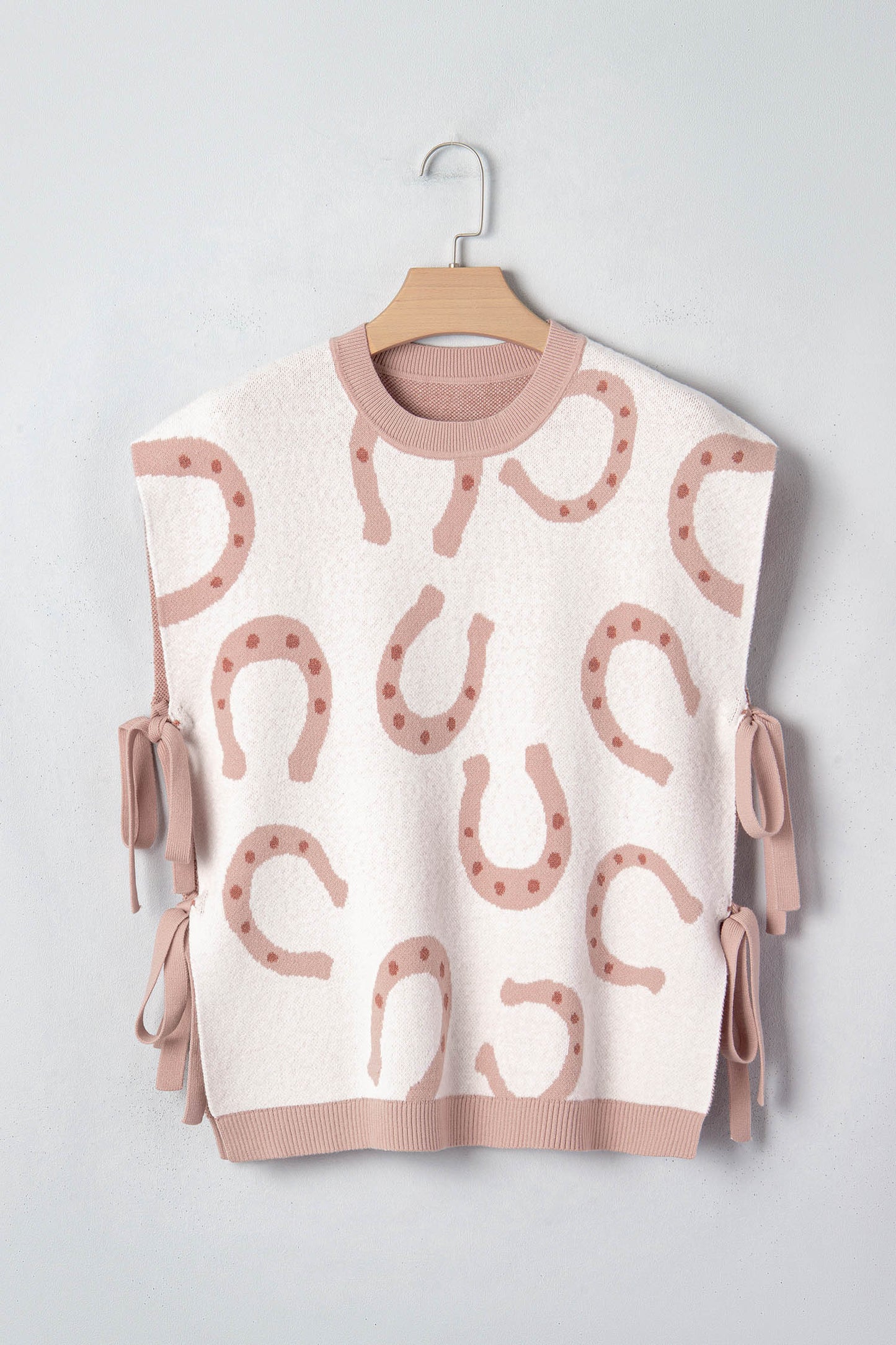 Beige Horse Shoe Western Print Tied Side Cap Sleeve Knitted T Shirt