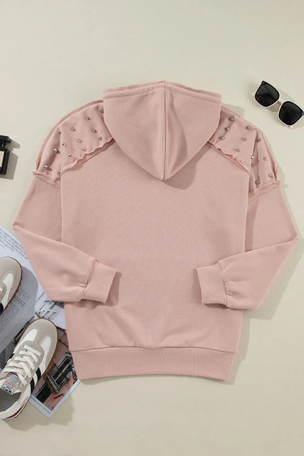 Fushia Solid Color Rivet Stud Raglan Sleeve Hoodie with Pocket - Chic Meadow Boutique 