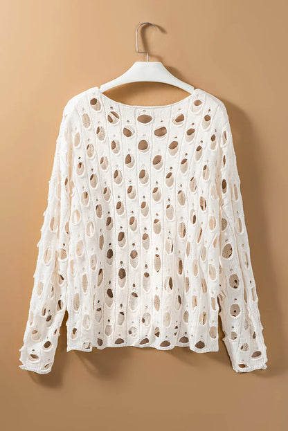 Beige Hollow-out Eyelet Knit Sweater - Chic Meadow Boutique 