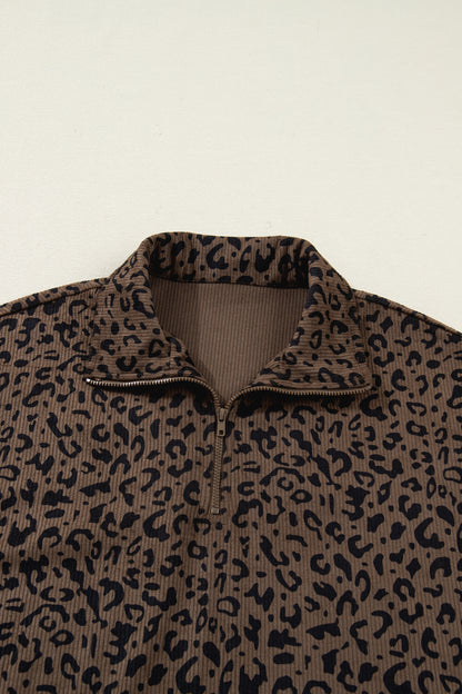 Brown Leopard Print Quarter Zip Corduroy Sweatshirt