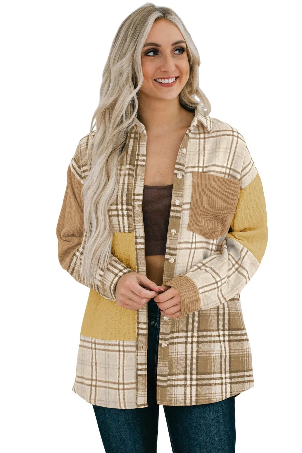 Khaki Plaid Color Block Patchwork Shirt Jacket with Pocket - Chic Meadow Boutique 