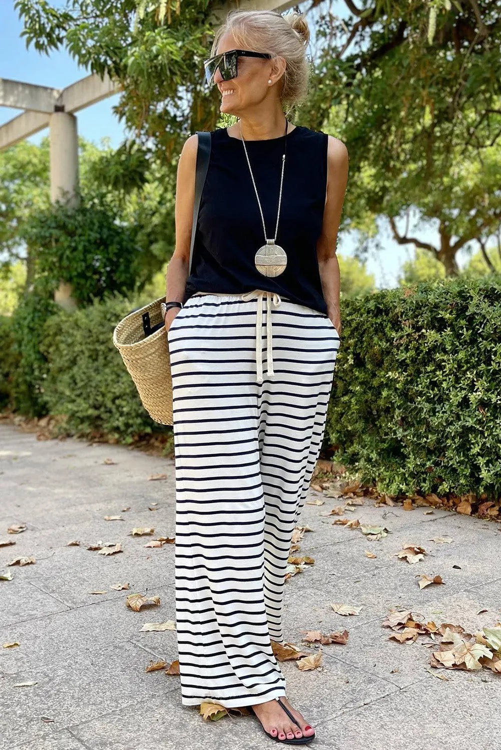 White Drawstring Striped Wide Leg Pants - Chic Meadow Boutique 