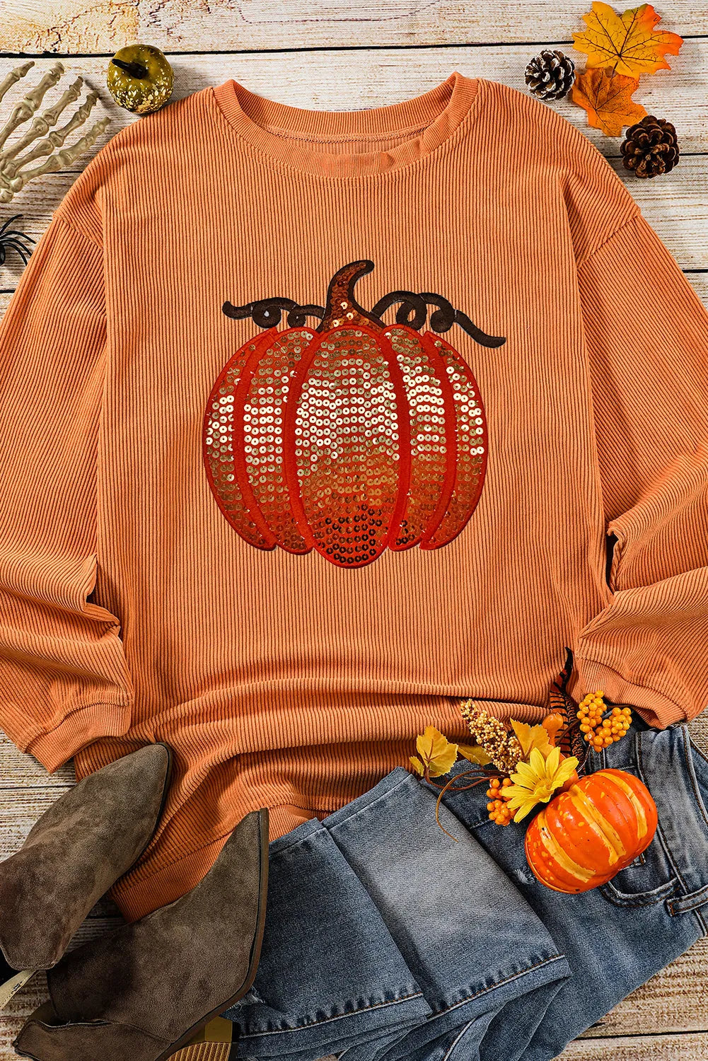 Orange Sequined Pumpkin Ribbed Round Neck Halloween Sweatshirt - Chic Meadow Boutique 