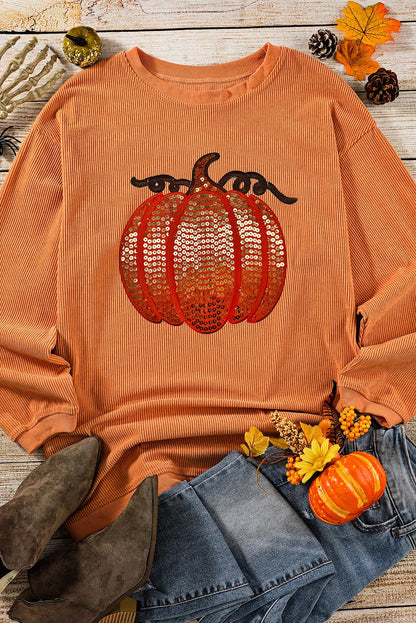 Orange Sequined Pumpkin Ribbed Round Neck Halloween Sweatshirt - Chic Meadow Boutique 