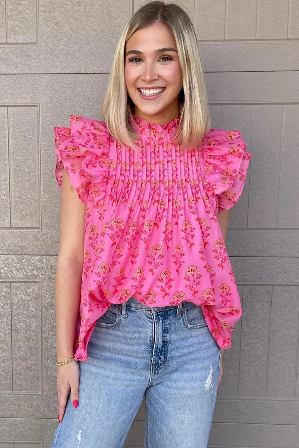 Rose Red Floral Print Pleated Ruffled Flutter Sleeve Blouse - Chic Meadow Boutique 