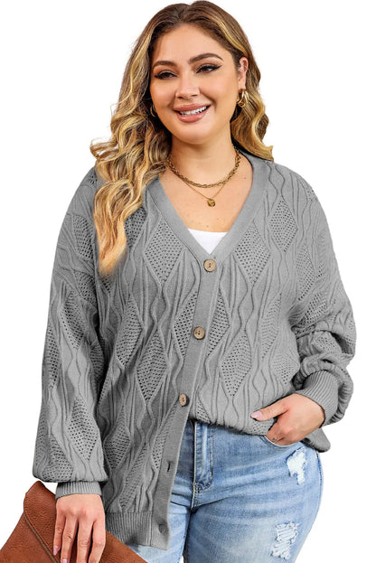 Gray Plus Size Knitted Hollow out Button up Cardigan - Chic Meadow Boutique 