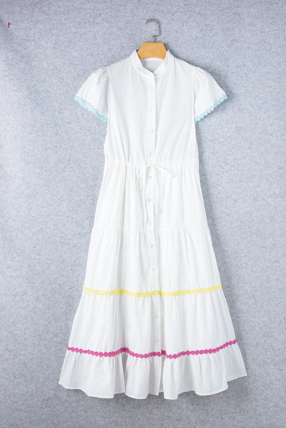 White Colorblock Rickrack Trim Short Sleeve Drawstring Waist Long Dress - Chic Meadow Boutique 