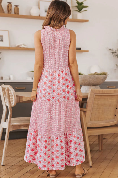 Pink Abstract Print Split Neck Sleeveless Maxi Dress - Chic Meadow Boutique 