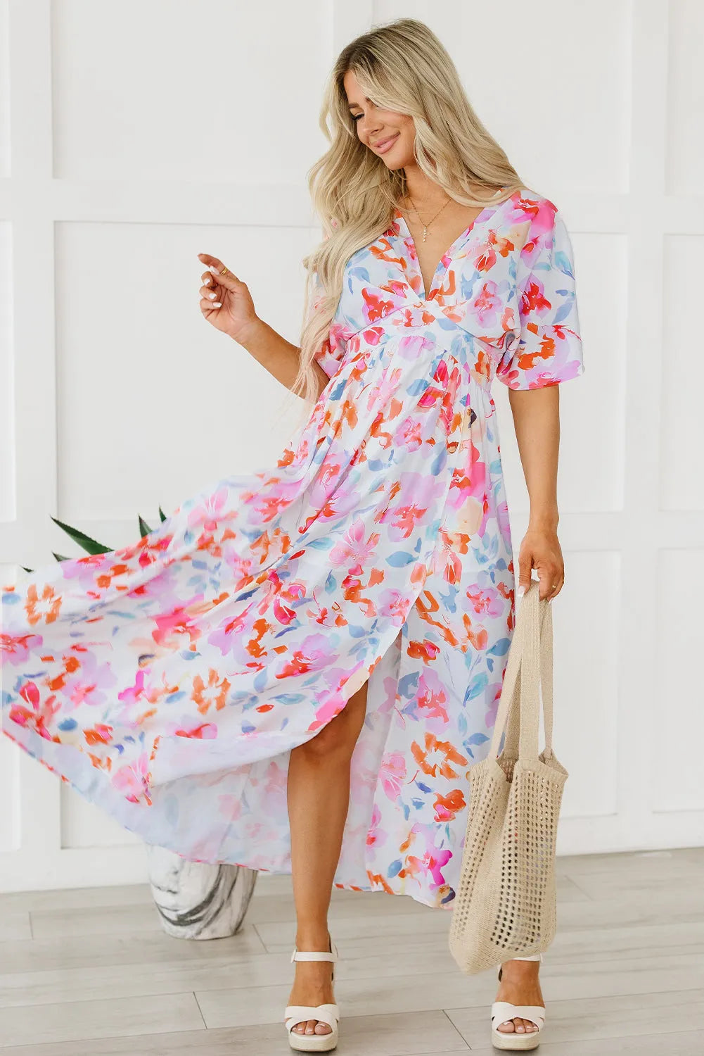 Multicolor Tropical Floral Print Ruched V Neck Maxi Dress - Chic Meadow Boutique 