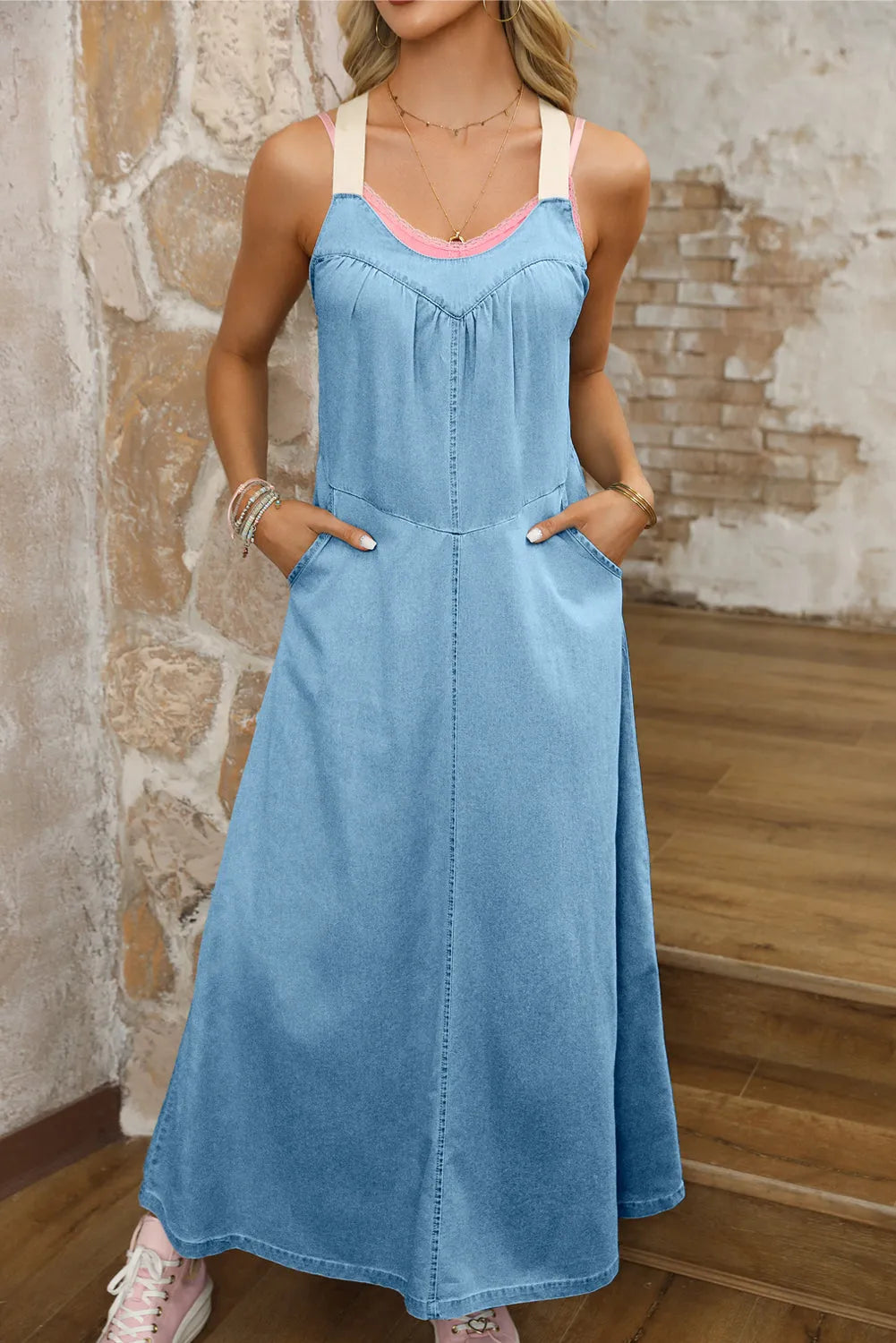 Beau Blue Contrast Straps Pocketed Long Chambray Dress - Chic Meadow Boutique 