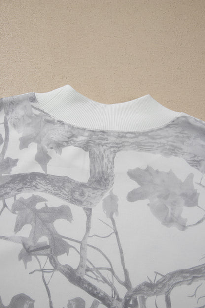 Gray Camouflage Print Stand Neck Long Sleeve Regular Fit Plus Size Set