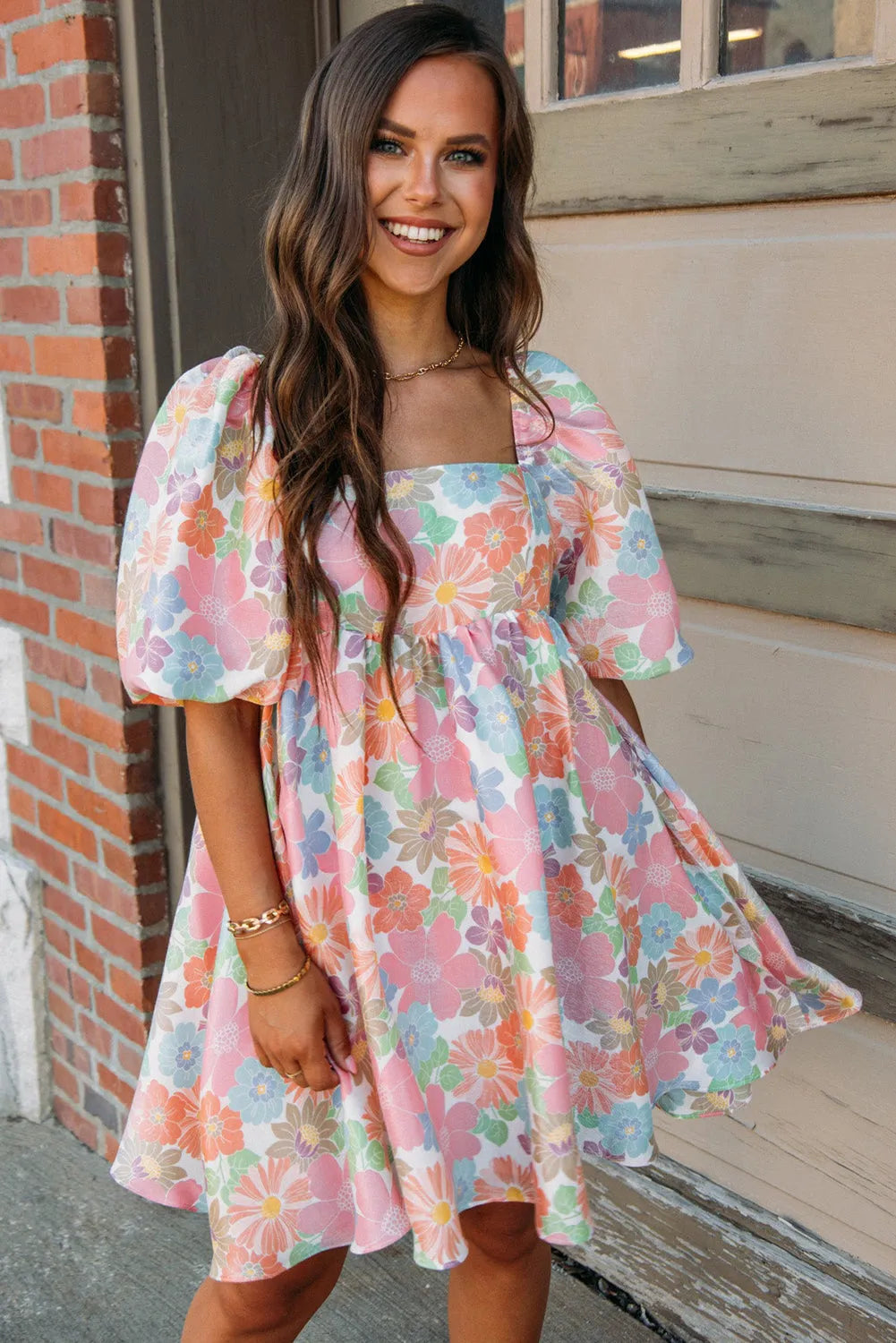 Pink Summer Floral Square Neck Puff Sleeve Babydoll Dress - Chic Meadow Boutique 