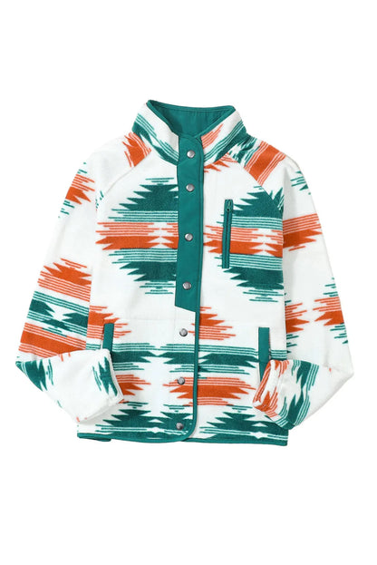 Multicolour Western Aztec Snap Buttoned Fleece Jacket - Chic Meadow Boutique 